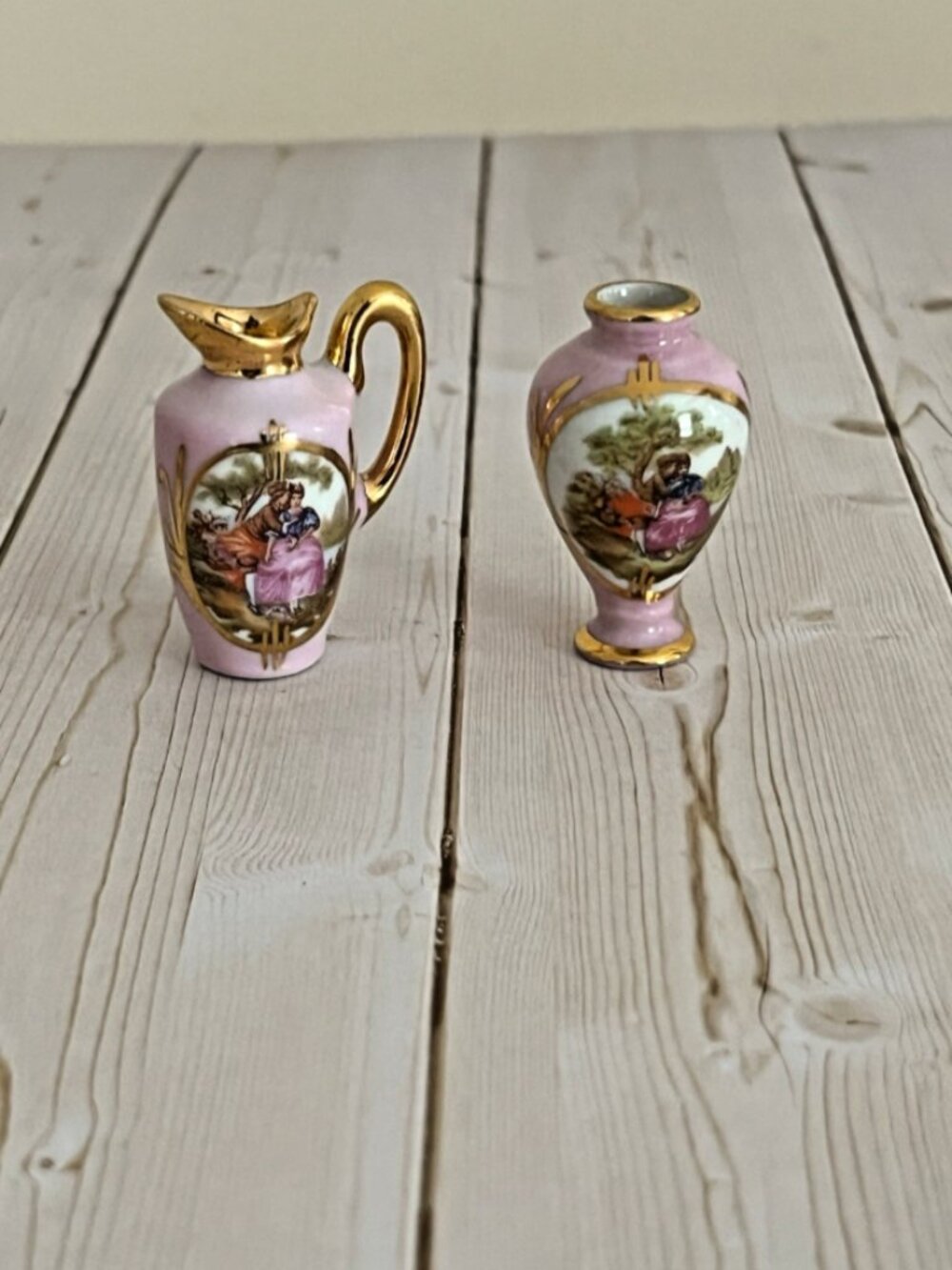 Pink Miniatures Limoges Set Vase & Water Pitcher Romantic Courting Scene